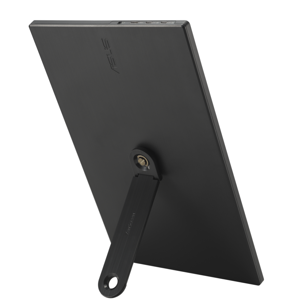 Een zwarte ASUS-monitor vanaf de achterkant gezien, met een ingebouwde verstelbare standaard en zichtbare poorten aan de zijkant.