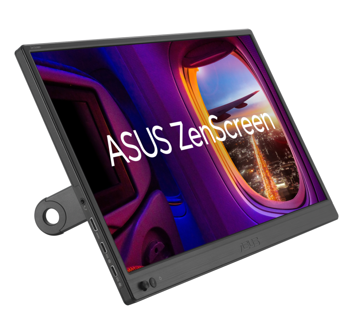 Draagbare ASUS ZenScreen-monitor toont een venster vanuit een vliegtuig met daaronder stadslicht.