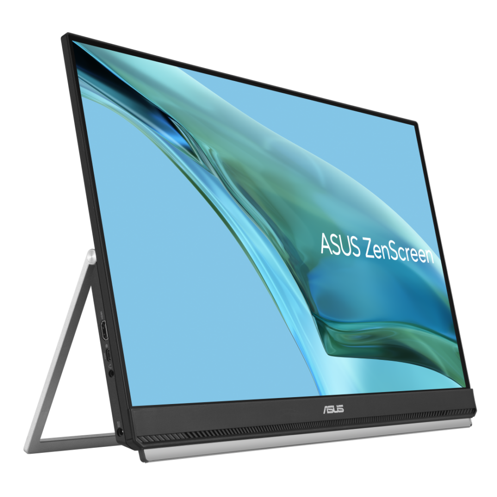 Een draagbare ASUS ZenScreen-monitor met een dunne rand, ingebouwde standaard en een blauwe en groene abstracte achtergrond op het scherm.
