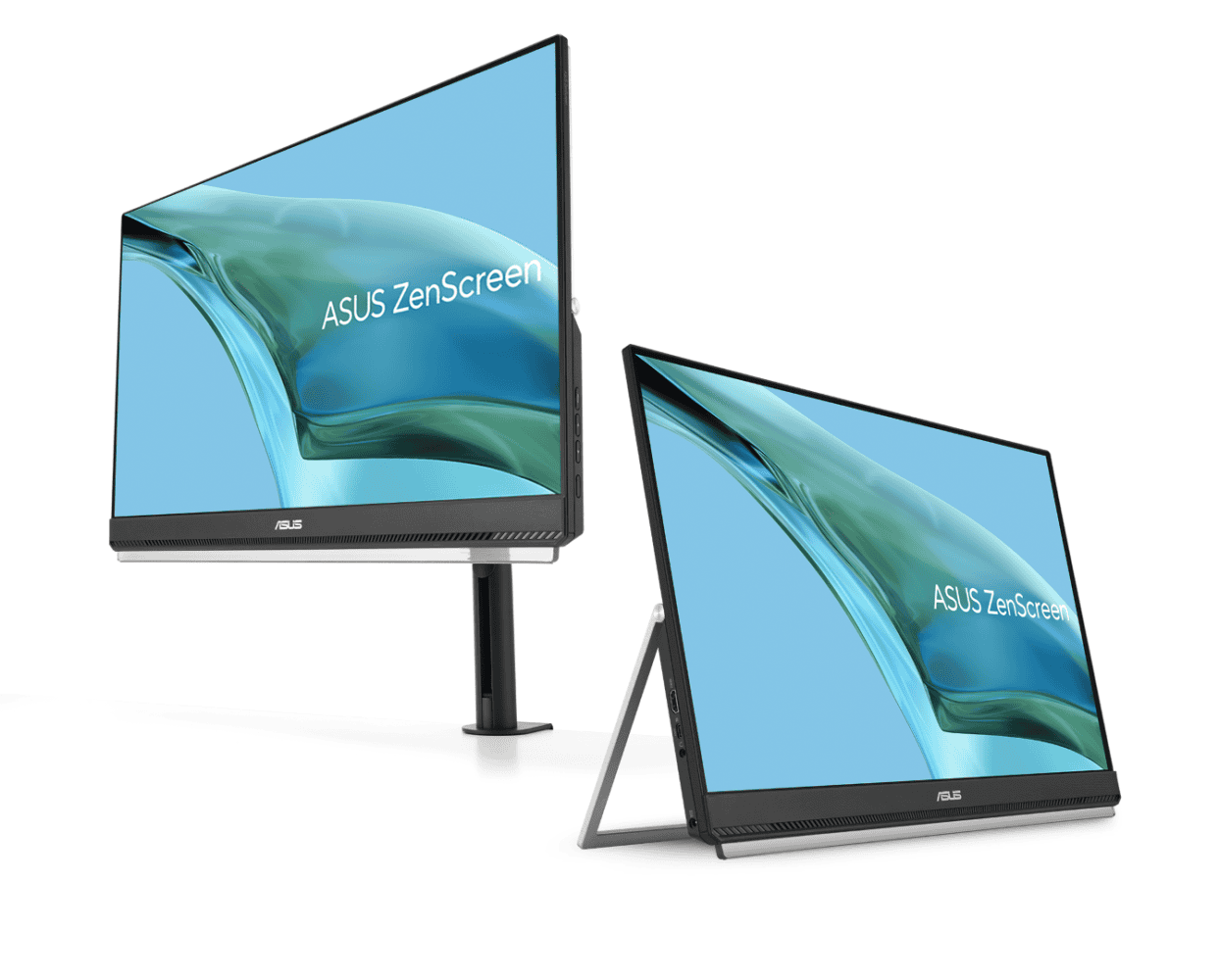 Twee ASUS ZenScreen-monitoren worden getoond: een gemonteerd op een standaard, de andere met een kickstand, beide met dezelfde abstracte achtergrond.