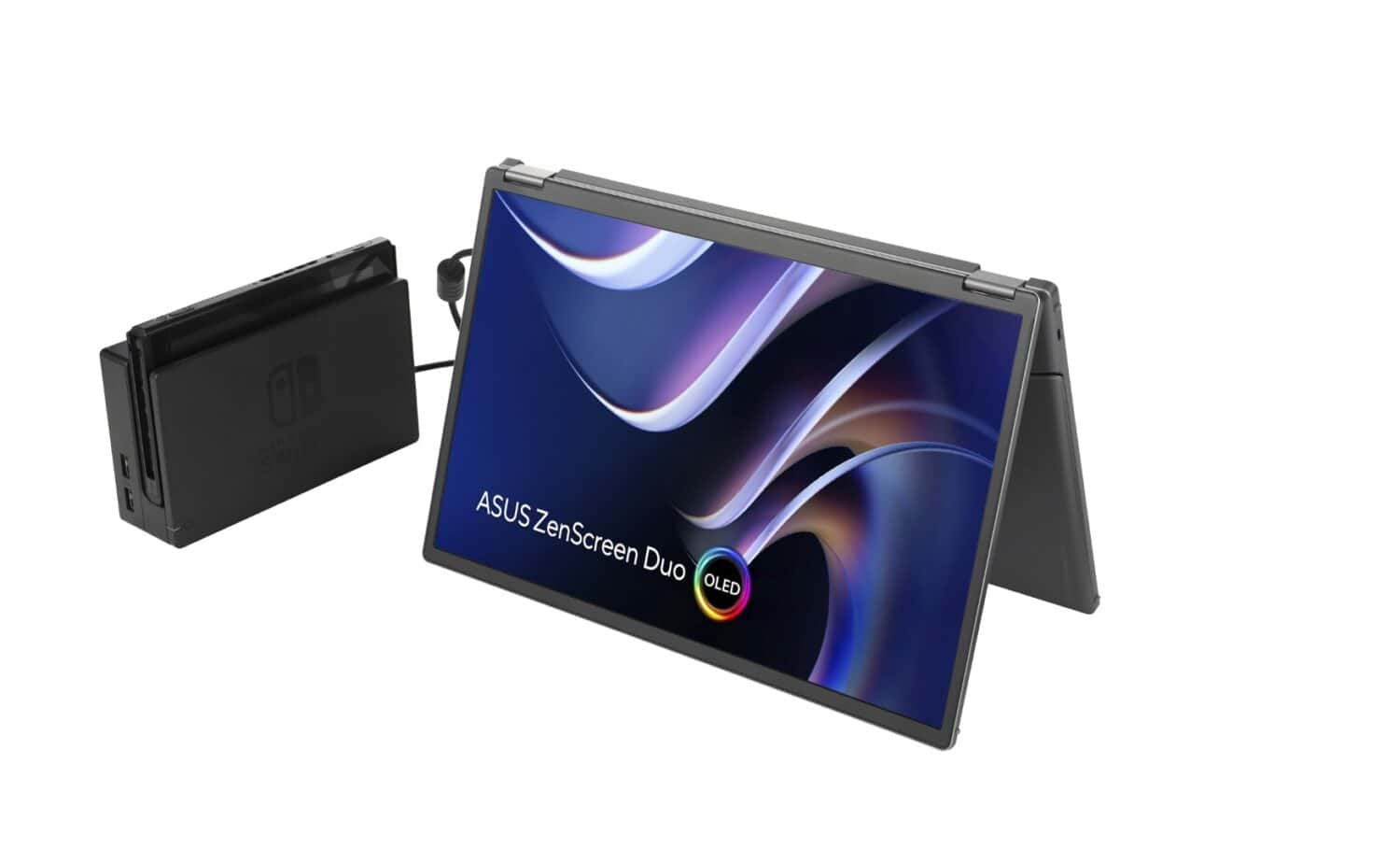 Een Nintendo Switch-dock is aangesloten op een ASUS ZenScreen Duo OLED draagbare monitor, die het opstartscherm weergeeft.