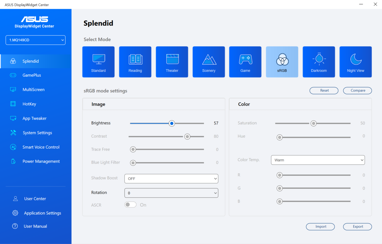 Schermafbeelding van het ASUS DisplayWidget Center geopend op het tabblad Splendid, met bovenaan de instellingen voor de sRGB-modus met instelbare beeld- en kleurschuifregelaars en diverse modusopties.