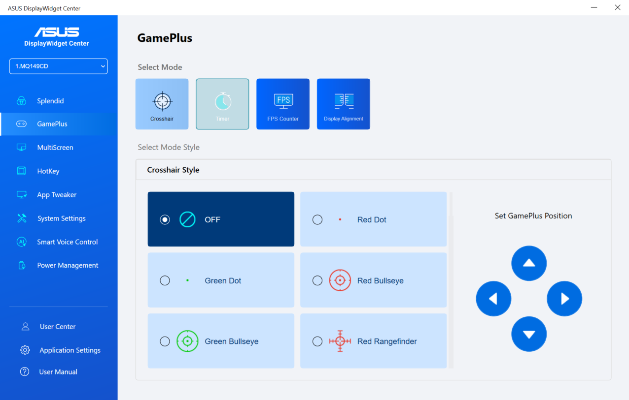 ASUS DisplayWidget Center toont GamePlus-modusselectie met opties voor dradenkruis, timer, FPS-teller en schermuitlijning, inclusief dradenkruisstijl en positie-instellingen.