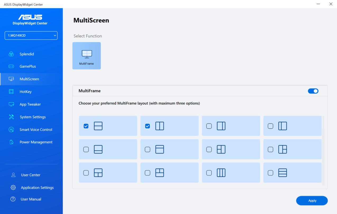 ASUS DisplayWidget Center MultiScreen-instellingeninterface, die opties toont voor het selecteren van een gewenste MultiFrame-lay-out met maximaal drie schermverdelingen.