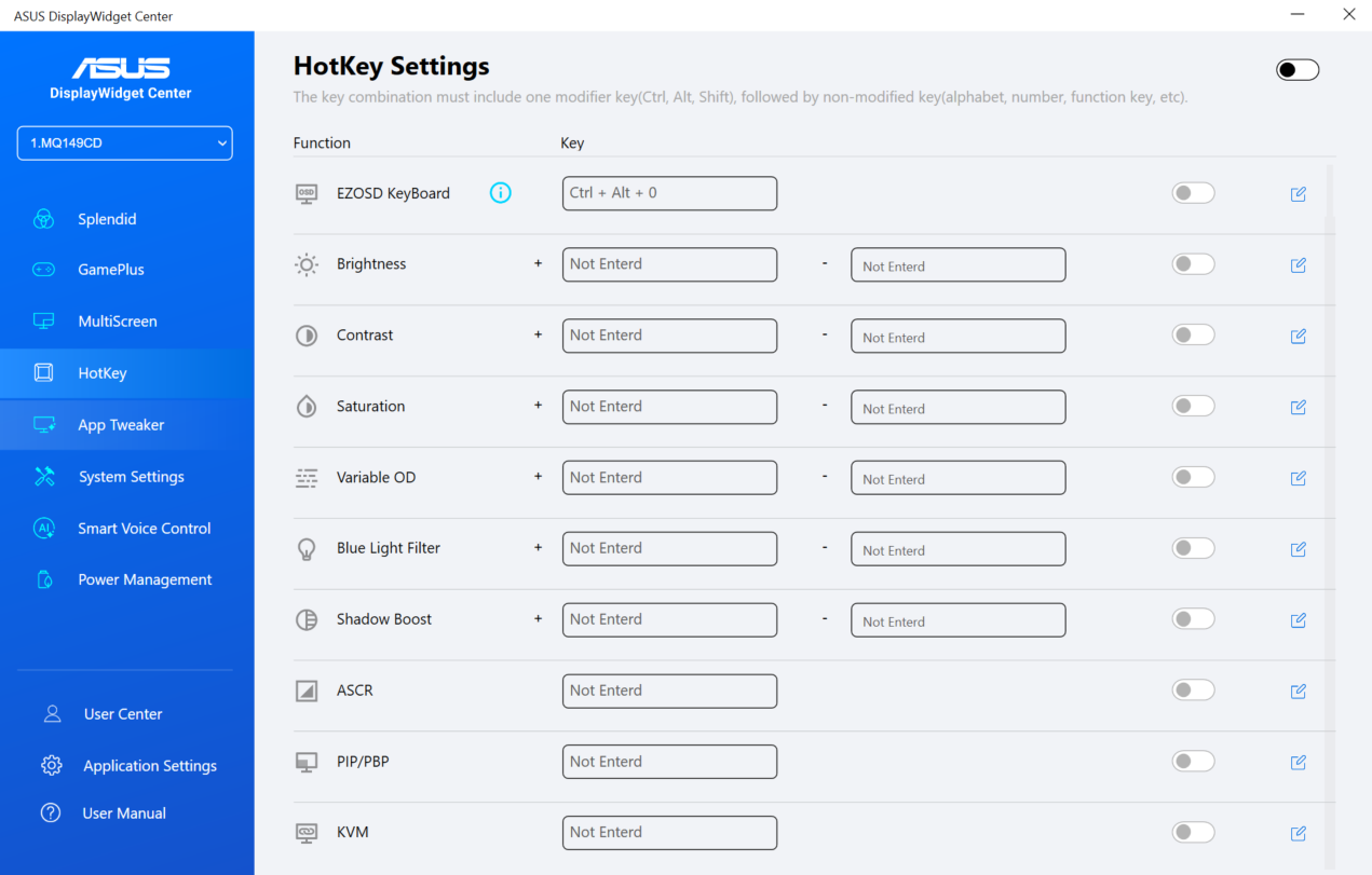Schermafbeelding van het paneel HotKey Settings van het ASUS DisplayWidget Center, met aanpasbare sneltoetsen voor verschillende monitorfuncties, waarvan er momenteel geen enkele is ingesteld, behalve EZDDC Keyboard.