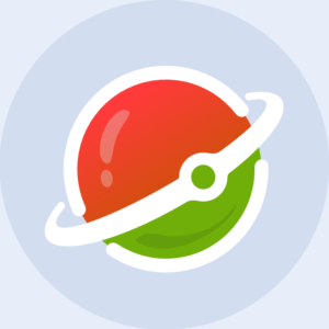 Een rode en groene bol met een witte ring eromheen op een lichtblauwe cirkelvormige achtergrond.