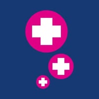 Drie witte medische kruizen binnen roze cirkels van verschillende grootte op een donkerblauwe achtergrond.