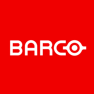Barco-logo in witte tekst met een cirkelvormig ontwerp binnen de letter "O" tegen een effen rode achtergrond.