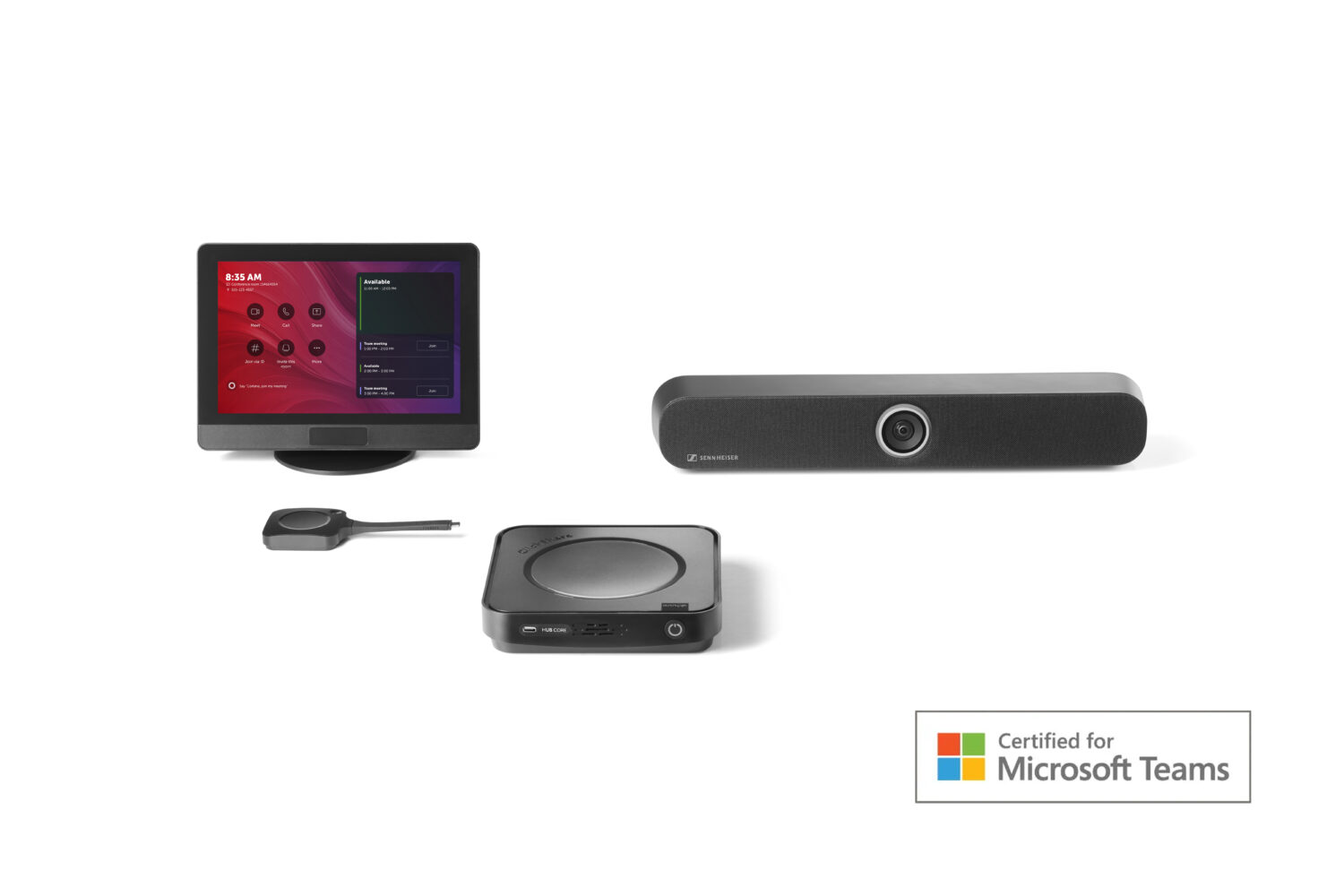 Een videoconferentiesysteem met een touchscreen bedieningspaneel, een soundbar camera, een basisstation, een draadloze dongle en een "Certified for Microsoft Teams" logo.