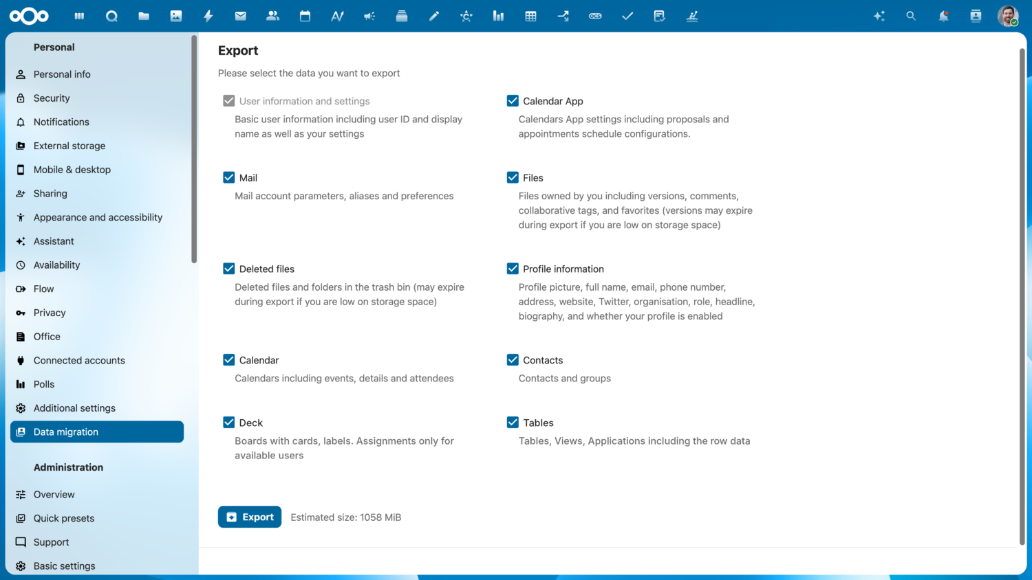 Nextcloud_Hub_26_Winter_User_migration Screenshot van een pagina met exportinstellingen met opties om verschillende gegevenstypen te selecteren, waaronder mail, bestanden, agenda, contactpersonen en profielinformatie, en een geschatte exportgrootte van 1068 MB.