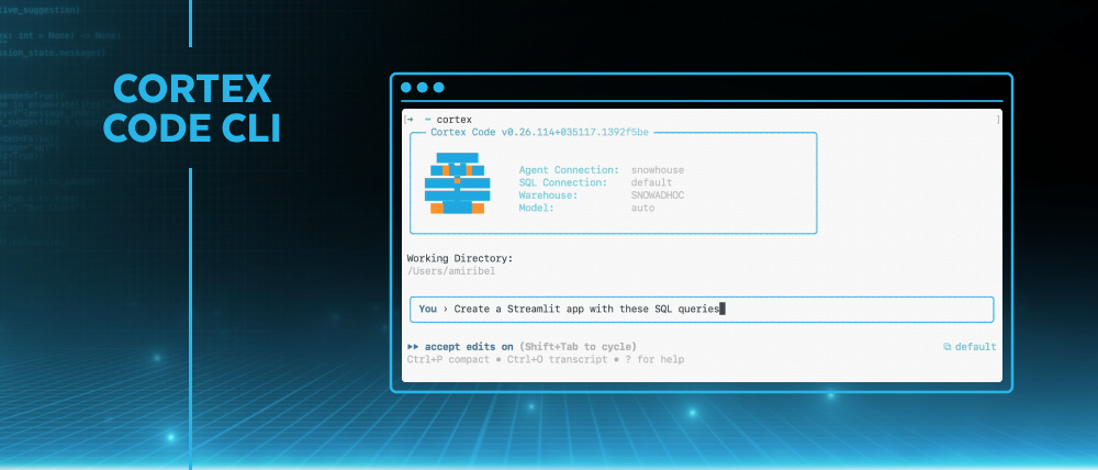 image Een computerscherm toont de Cortex Code CLI interface, waarbij een SQL query wordt getypt in een commandoregel tekstvak.