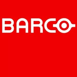 Barco-logo met het woord "BARCO" in witte hoofdletters op een rode achtergrond, met de letter "O" gestileerd als een cirkelvormig symbool.