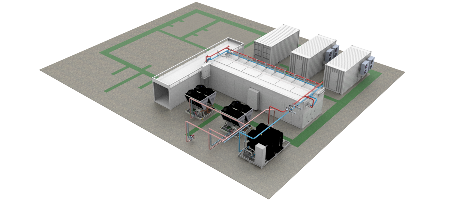 Isometrisch aanzicht van de lay-out van een industrieel HVAC-systeem met koelunits, leidingen en modulaire containerstructuren op een betonnen oppervlak.