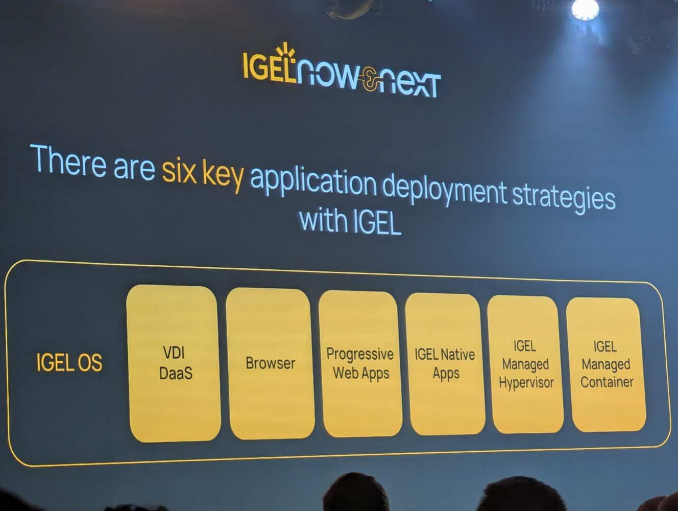 Een presentatie geeft een overzicht van zes IGEL OS applicatie-implementatiestrategieën: VDI DaaS, Browser, Progressive Web Apps, IGEL Native Apps, IGEL Managed Hypervisor en IGEL Managed Container.
