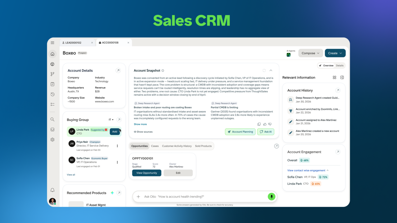 Screenshot van een Sales CRM-dashboard met accountgegevens, kopersgroepcontacten, snapshot van de account, accountgeschiedenis, engagementscores en aanbevolen producten op een blauwe achtergrond met kleurverloop.