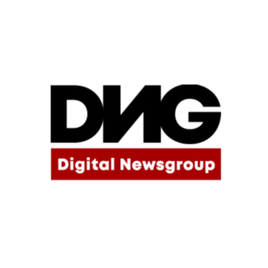 Zwarte "DNG" tekst boven een rode rechthoek met daarin de witte woorden "Digital Newsgroup," alles op een witte achtergrond.