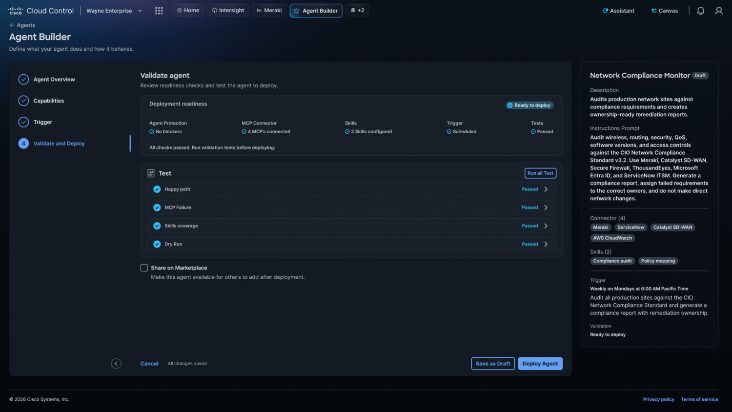 Agent Builder Build Experience 4 Een software-interface met het hulpprogramma "Agent Builder", met validatiestappen voor het inzetten van agents en een informatiepaneel van Network Compliance Monitor aan de rechterkant.