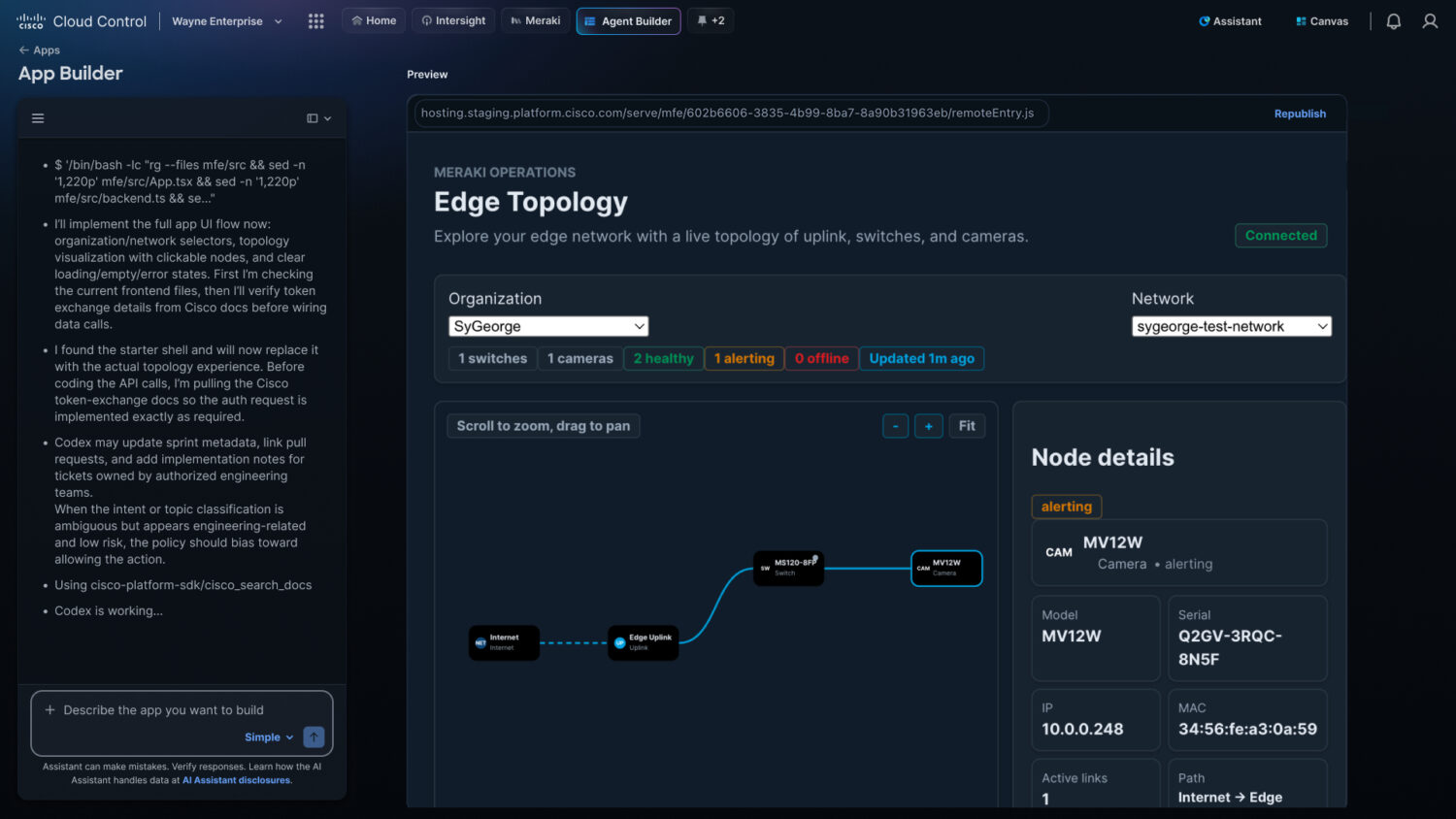 App Builder – 5 – App preview Screenshot van een dashboard voor netwerkbeheer met een kaart van de randtopologie, details van knooppunten en statusindicatoren voor apparaten en connectiviteit.