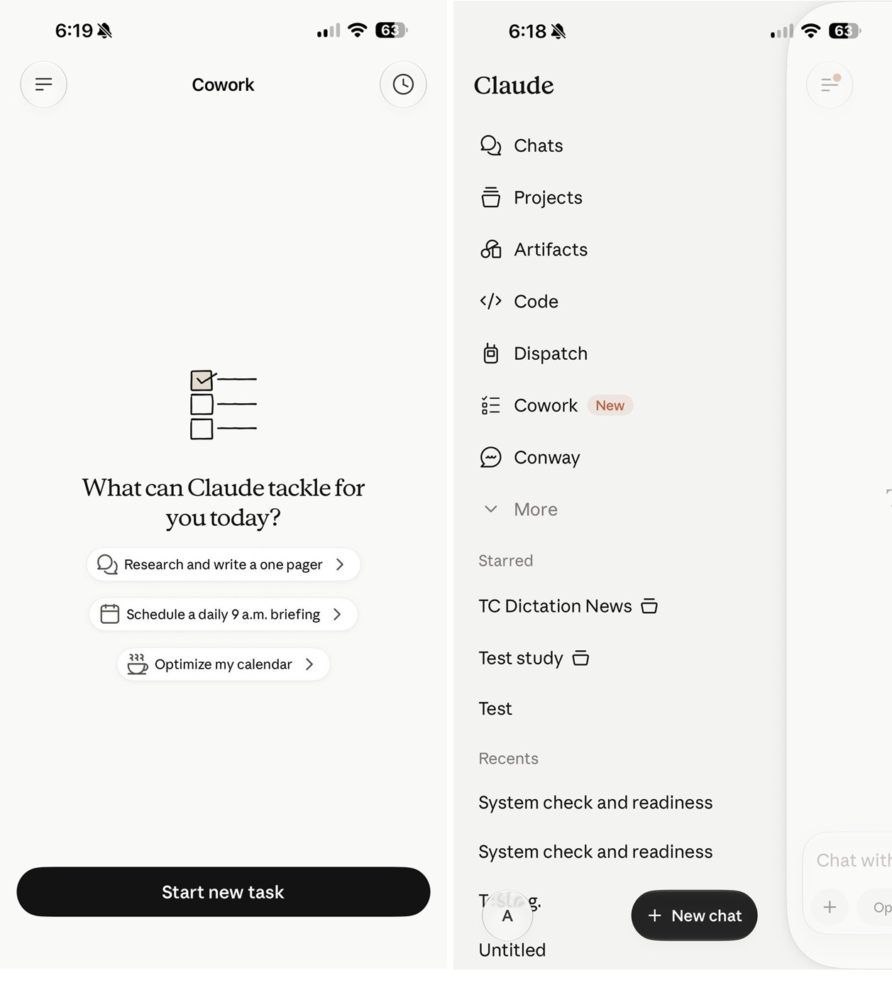 Screenshot van een productiviteitsapp waarop links het scherm voor het aanmaken van taken te zien is en rechts een zijbalkmenu met opties zoals Chats, Projecten en Cowork.