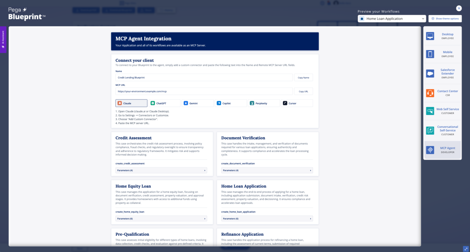 MCP screenshot Screenshot van een webpagina getiteld "MCP Agent Integration" met Pega client verbindingsopties, integratiestappen en workflowmodules zoals Credit Assessment en Home Loan Application.