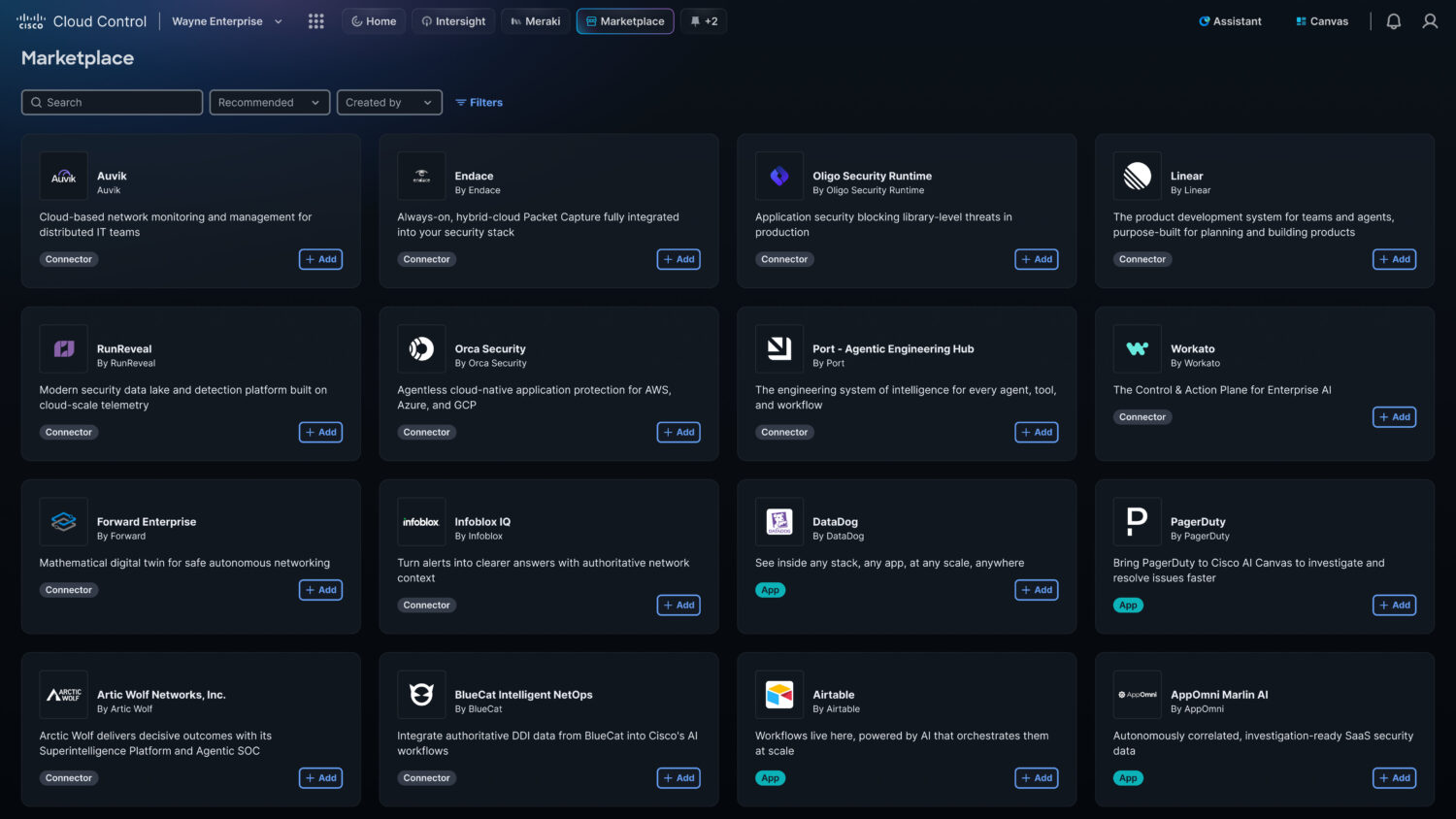 Marketplace – Home screen Een software-marktplaatsinterface met donkere thema's toont verschillende applicatietegels, elk met een pictogram, korte beschrijving en actieknop. Bovenaan zijn filters en navigatieopties zichtbaar.