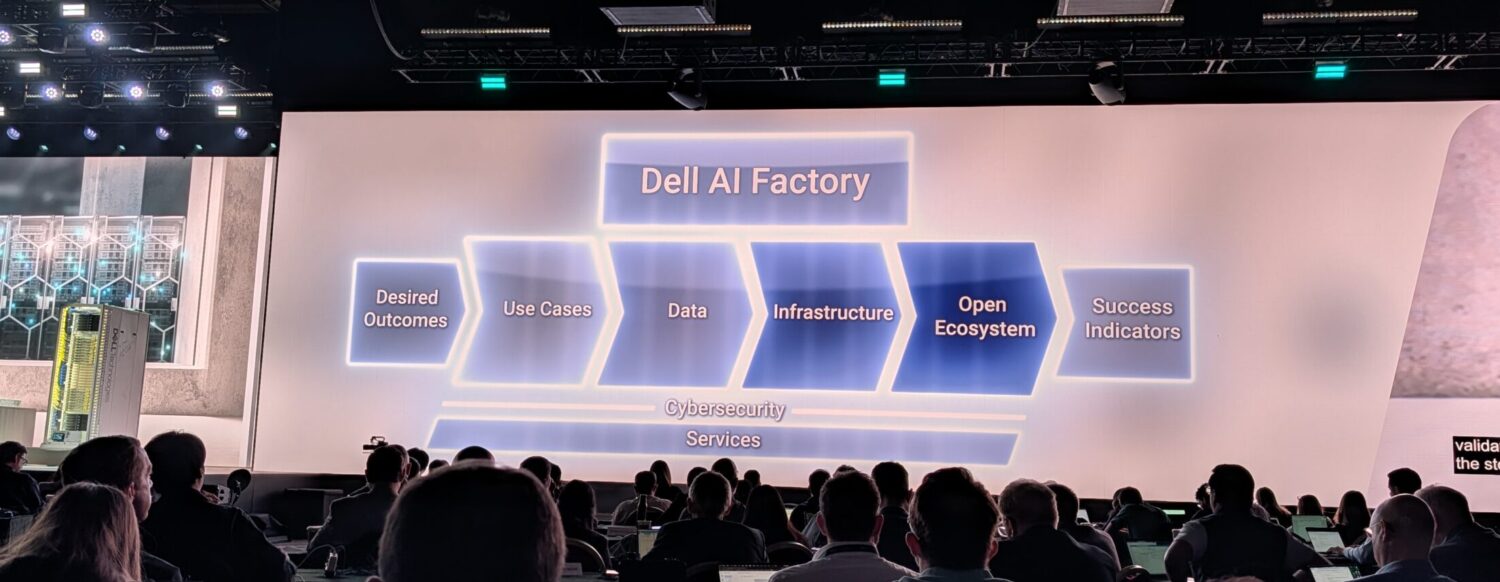 PXL_20260519_175036640 Een vergaderzaal met deelnemers die naar een groot scherm kijken waarop een diagram met de titel "Dell AI Factory" te zien is, en een spreker die naast het scherm staat.