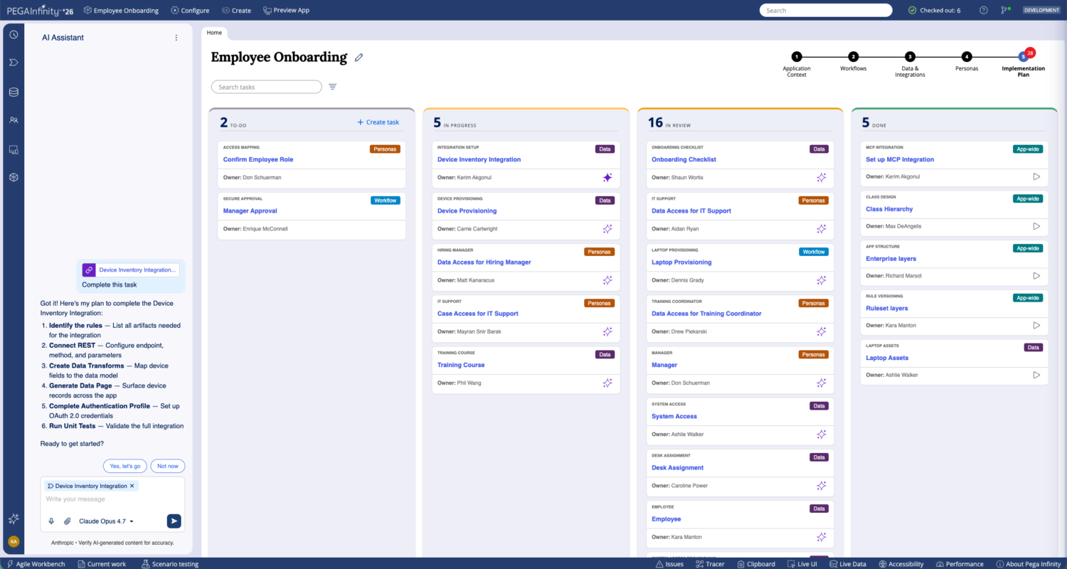 Pega Infinity Studio screenshot Een Pega software dashboard toont een werknemer onboarding checklist met taken georganiseerd in kolommen op datum en status, inclusief labels voor taakcategorieën en voortgang.